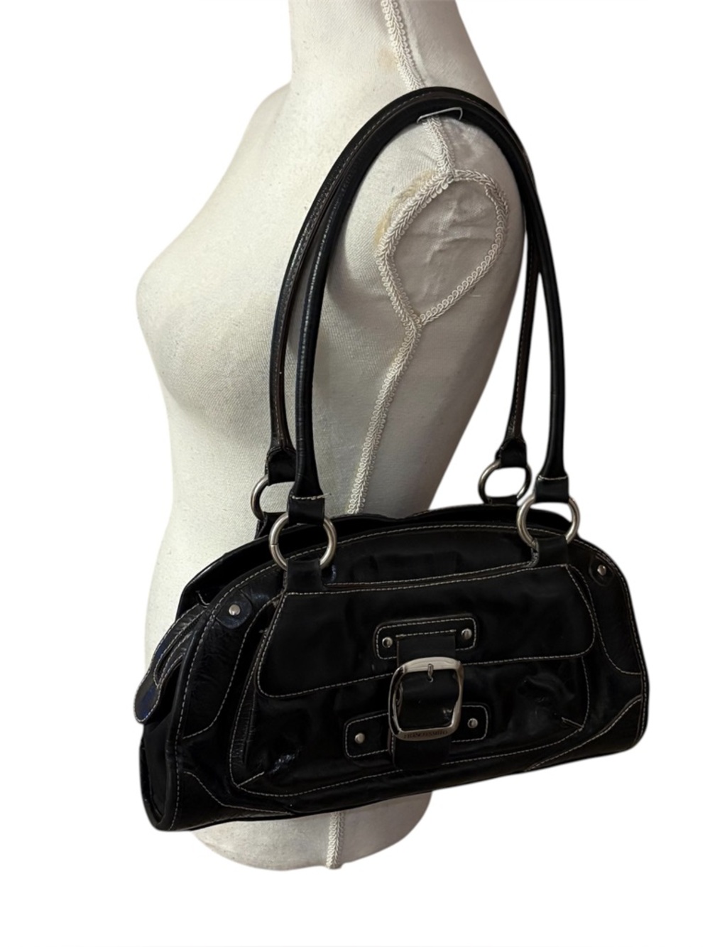Vintage FRANCO SARTO Y2K Soho Black Leather Shoulder Bag Silver Buckle